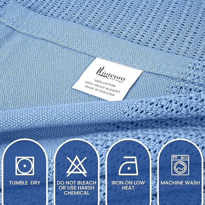 Linteum Textile Supply Leno Weave Blue Blanket, Queen 100% Cotton, Lightweight, Warm, Fluffy, Premium and Durable Soft & Cozy Bed Blanket for Home, Couch, Sofa & Dorm, All Season Throw [90x90]