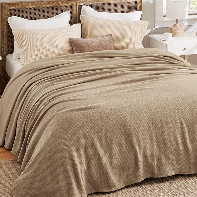Bedsure GentleSoft 100% Cotton Large Blanket Oversized King for Bed 120x94 inches - Breathable Soft Cozy Herringbone Woven Blanket for Summer, Couch Cover, Light Brown