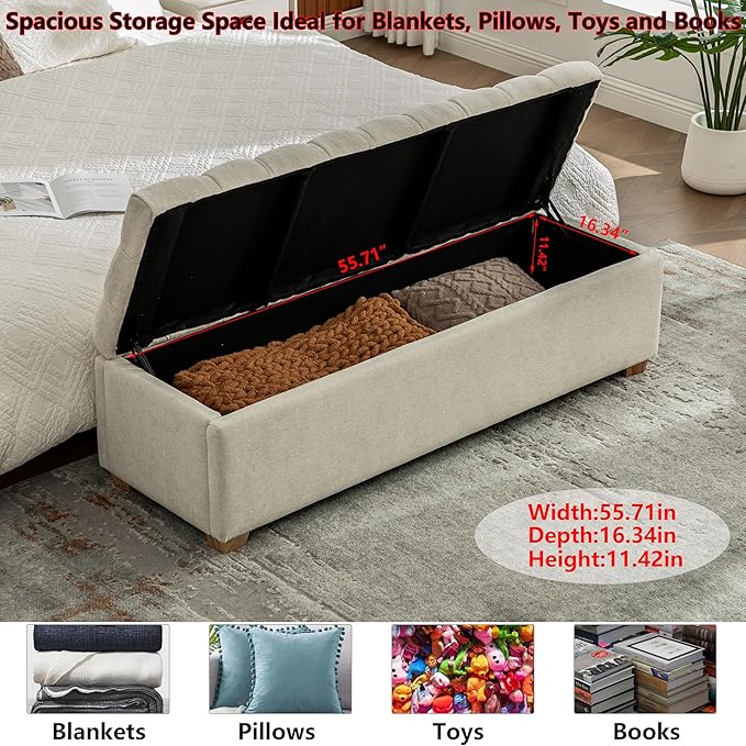 60.2" Storage Ottoman Bench for Bedroom Bed End,Chenille Bench with Seating,Button Tufted Ottomans with Storage for Living Room,Bedside,Entryway (Chenille Beige, 60.2")
