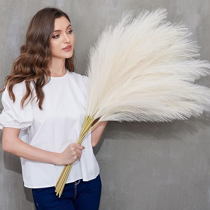 Faux Pampas Grass, 9 PCS 37''/3.1FT Tall Fluffy Fake Pompas Floral, Large Artificial Pompous Grass Branches for Floor Vase Fillers, Boho Farmhouse Room Wedding Decor