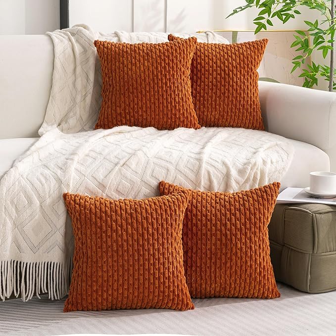 Set of 4 Burnt Orange Decorative Throw Pillow Covers 16x16 Inch Corduroy Pillow Covers for Bed Couch Sofa Living Room Soft Square Cushion Cases