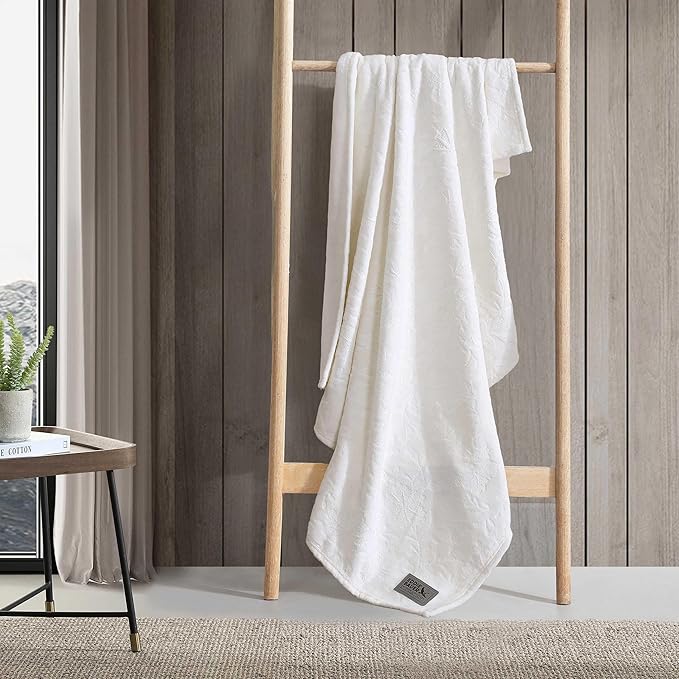 Eddie Bauer - Throw Blanket, Ultra-Soft & Embossed Plush Bedding, Blanket for Couch & Bed (Woodblock Floral White, 50" x 70")