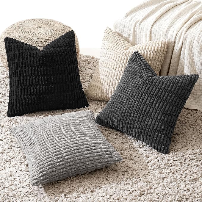 MIULEE Halloween Pack of 4 Neutral Mid Century Black and White Corduroy Decorative Throw Pillow Covers 18x18 Inch Modern Soft Striped Pillow Covers Home Decor for Sofa Living Room Couch Bed
