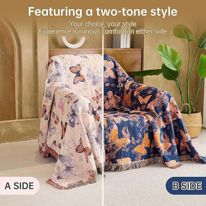 Boho Throw Blanket, 100% Organic Cotton Breathable Ultra Soft 50" x 60" Bed Quilt Throw - All Season Floral Rustic Farmhouse Decor Luxury Reversible Blanket for Sofa Couch Chair and Gift