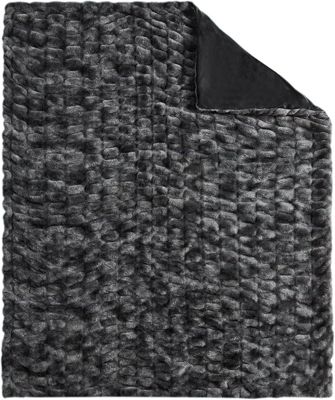 WDCOZY Ruched Faux Fur Throw Blanket Soft Cozy Fluffy Luxurious Blankets Couch Bed Sofa Chair Home Decor Warm Furry Fall Winter Plush Rabbit Fur Bubble Blanket 60" x 80", Charcoal Gray Dark Grey