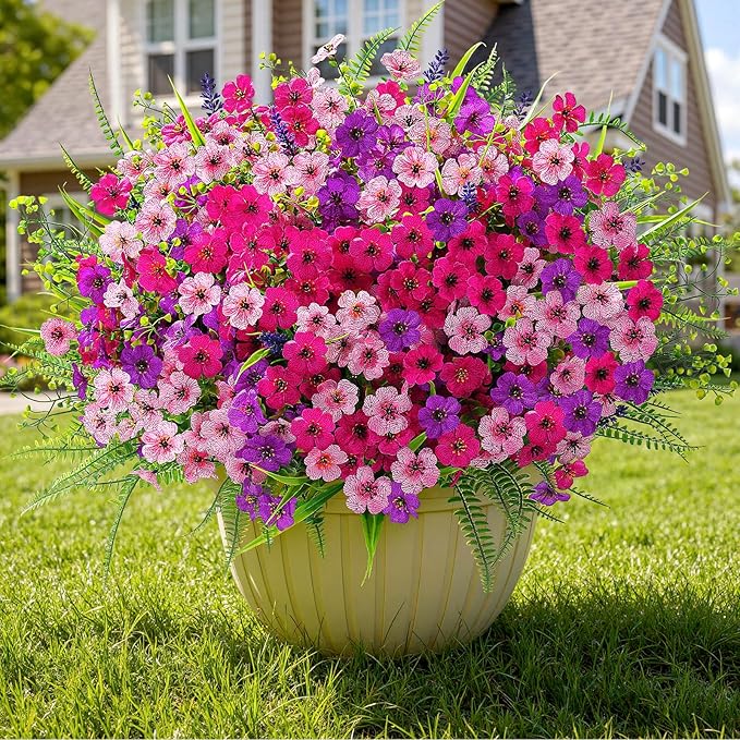 Alupssuc 48 Bundles Artificial Flowers for Outdoors Planters Spring Decoration, UV Resistant Faux Eucalyptus Violet and Lavender Silk Fake Plants for Outside Indoor Yard Home Patio Decor, Mix 3 Colors