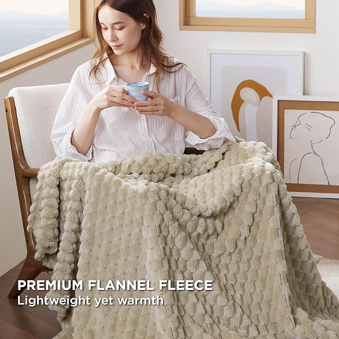 Bedsure Large Throw Blanket for Couch - 350GSM Fluffy Plush Bubble Blanket for Bed Home Room Decor, GentleSoft Cute Fleece Soft Cozy Gifts for Women Girls, Beige, 50x70 Inches
