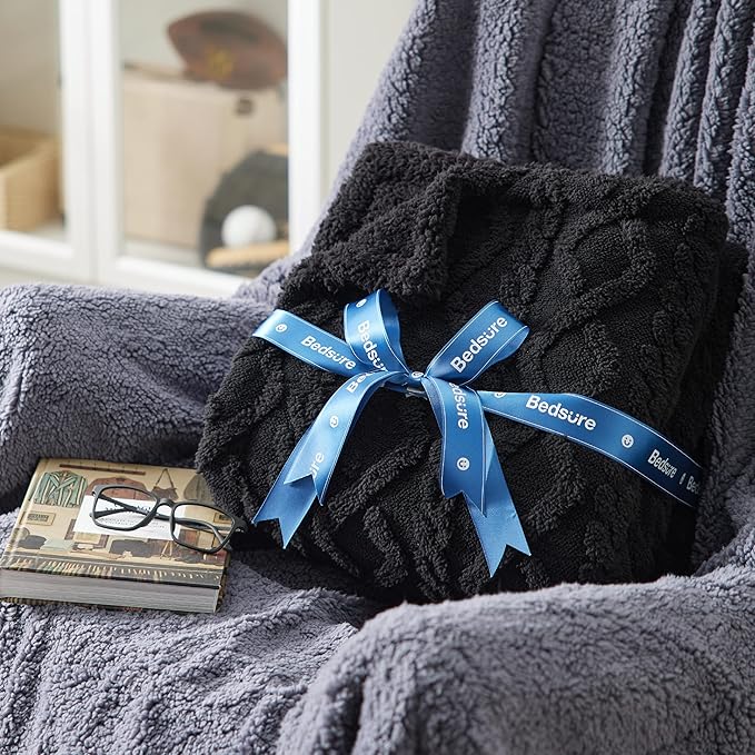 Bedsure Gentlesoft Sherpa Fleece Blanket Twin Size for Bed - Fluffy & Cozy Cable Jacquard Tufted for Women Gift, Thick and Warm Christmas Blanket for Winter, Black, 60x80 Inches