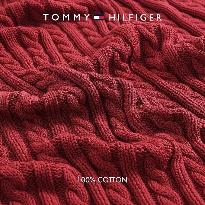 Tommy Hilfiger - Blanket, Ultra-Soft Cable Knit Throw Blanket for Bed or Couch, Lightweight Bedding with a Soft Textured Feel & Iconic Flag Logo (Red, 50" x 70")