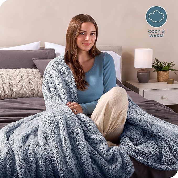 Bare Home Faux Shearling Blanket - Throw Size - Blanket for Bed, Sofa, Couch, Camping, Travel, and Gifts - Warm & Lightweight - Fluffy & Soft (Throw, Tipped Dark Blue)