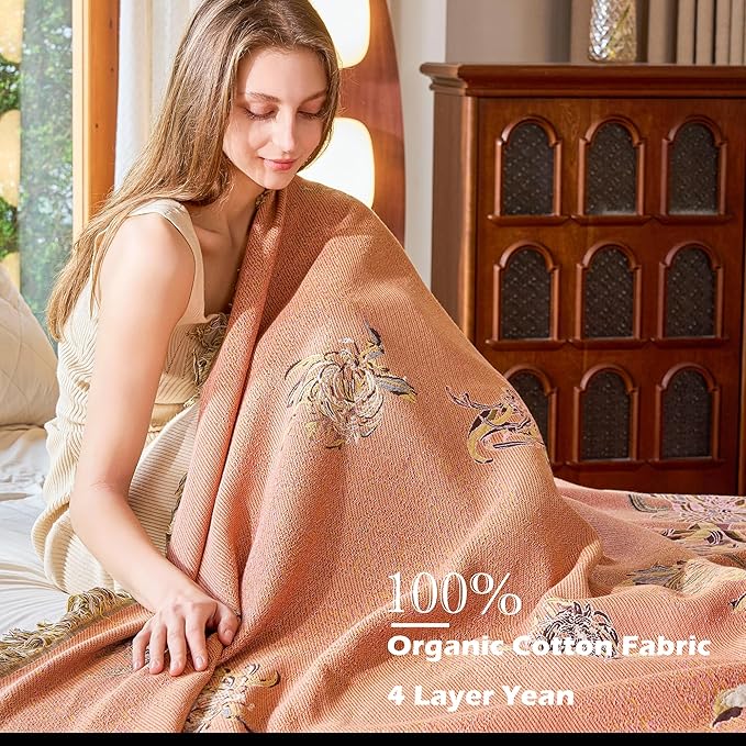 Boho Throw Blanket 80" x 90", 100% Organic Cotton Breathable Skin-Friendly Ultra Soft Bed Quilt Throw - Floral Rustic Decor Luxury Reversible Blanket for Sofa Couch Chair and Gift,