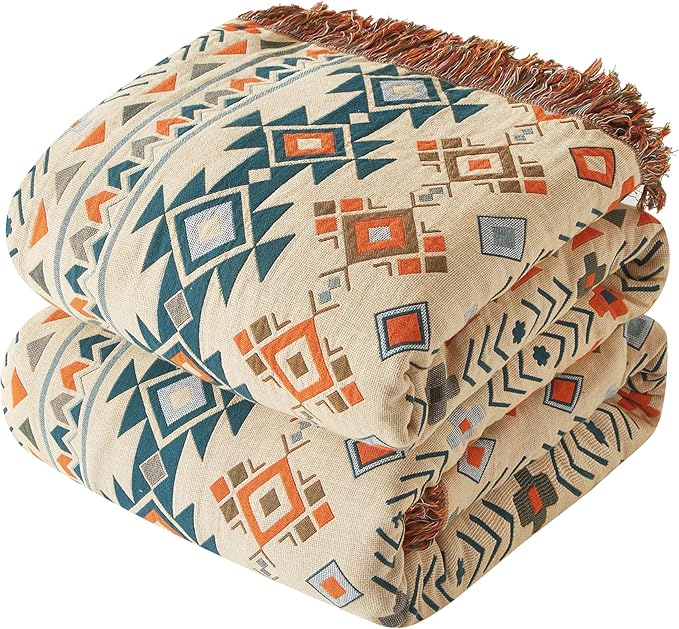 Boho Throw Blanket for Couch Sofa Bed, 100% Cotton Woven Quilt with Tassel 50”x60”, Super Soft Muslin Blanket with Patchwork Printed, Decorative Reversible Bed Blanket/Cover for All Seasons