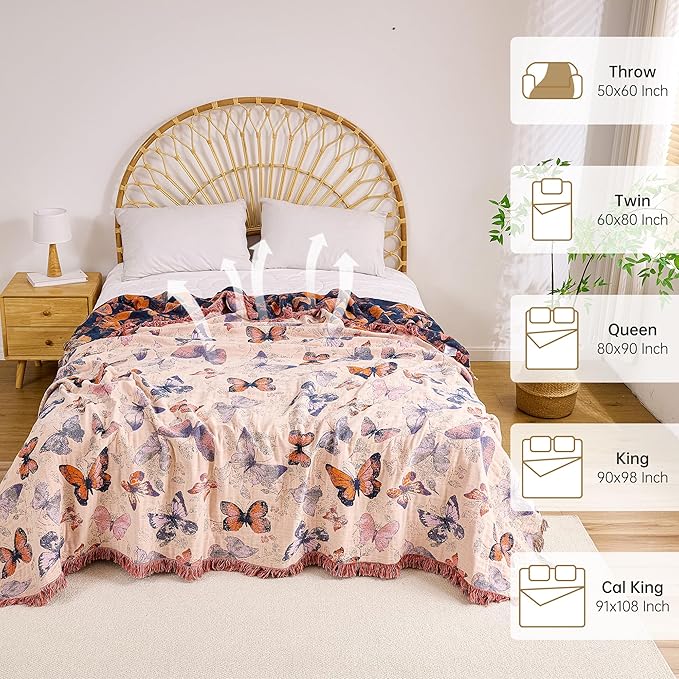 Boho Throw Blanket, 100% Organic Cotton Breathable Ultra Soft 50" x 60" Bed Quilt Throw - All Season Floral Rustic Farmhouse Decor Luxury Reversible Blanket for Sofa Couch Chair and Gift