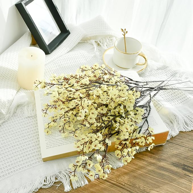 Mandy's Light Yellow Artificial Baby’s Breath Flowers 6 Bundles Silk Gypsophila, 18.5 Inch European Style Modern Home Decor Centerpiece, Neutral Wedding Flower Arrangements