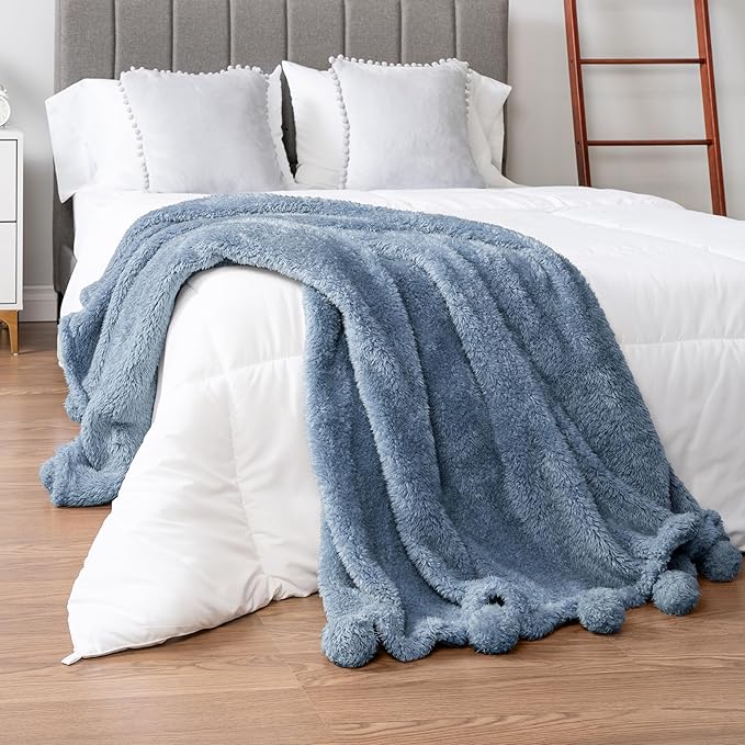 Pavilia Blue Sherpa Throw Blanket for Couch, Warm Plush Fuzzy Blanket Throw with Pom Poms, Dusty Blue, 60x80