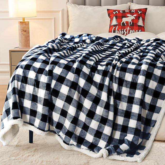 BEAUTEX Sherpa Fleece Throw Blanket, Super Soft Warm Buffalo Plaid Plush Blankets and Throws, Lightweight Cozy Fuzzy Blanket for Couch Sofa Bed (NavyBlue, 50" x 60")