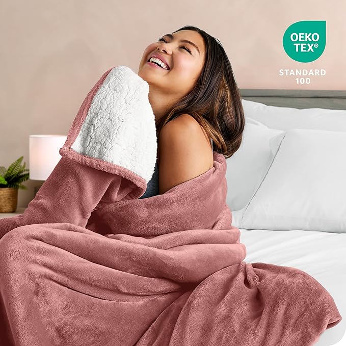 Bare Home Sherpa Fleece Blanket - Twin/Twin Extra Long - Blanket for Bed, Sofa, and Couch - Warm & Lightweight - Fluffy & Soft - Reversible (Twin/Twin XL, Old Rose)