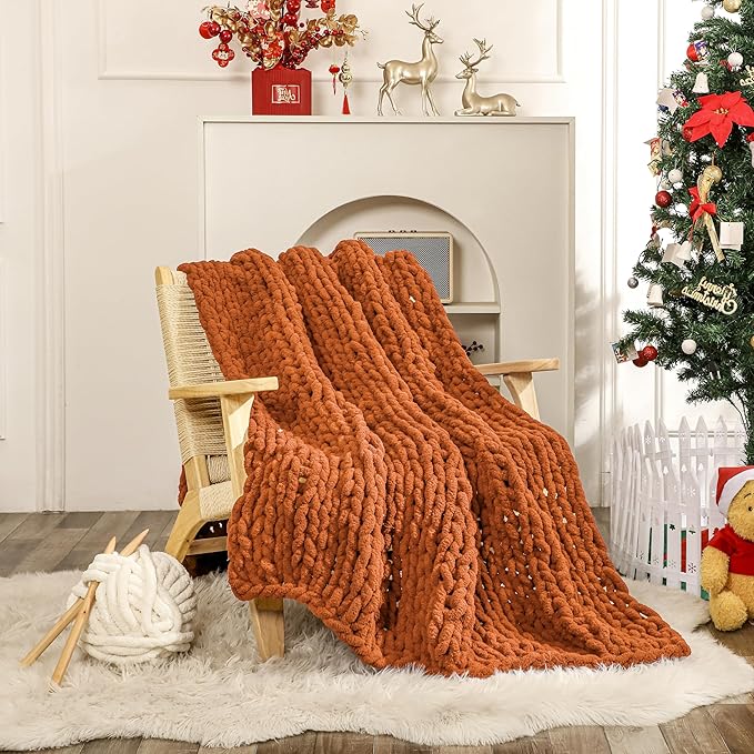 WESHIONGOO Chunky Knit Blanket Throw 51"×63" Knitted Throw Blankets for Couch Bed Fall Throw Blanket Fluffy Soft Blanket with Jumbo Chenille Yarn Thick 100% Handmade (Burnt Orange)
