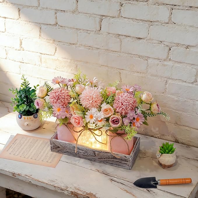 Mason Jar Lights Centerpiece Table Decor for Dining Room Farmhouse Wood Tray with 3 Jars Pink Flowers Valentines Day Decoration for Coffee Table Kitchen Living Room Wedding Spring Decoration