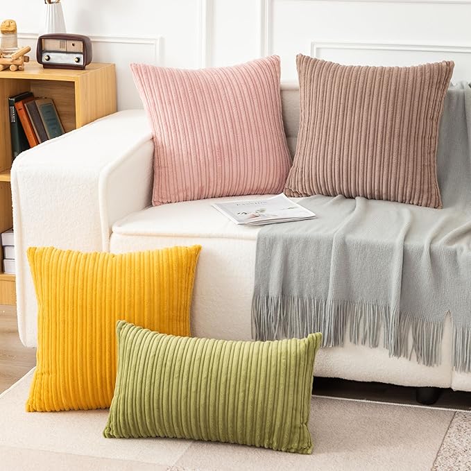 UGASA Soft Velvet Stripe Decorative Pillow Covers Set of 2 Solid Corduroy Textured Euro Cushion Cases for Couch Bedroom Sofa Farmhouse, 18x18 Inch, Light Brown