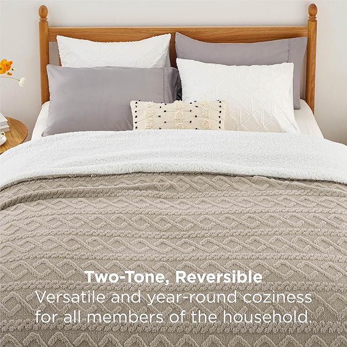 Bedsure Gentlesoft Sherpa Queen Size Blanket for Bed - Fleece Fluffy & Cozy Cable Jacquard Tufted for Women Gift, Thick and Warm Christmas Blanket for Winter, Beige, 90x90 Inches