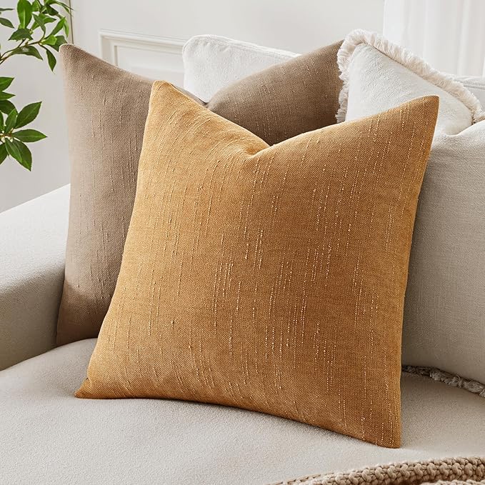 MIULEE Pack of 2 Decorative Throw Pillow Covers Soft Chenille Throw Pillows Solid Textured Cushion Covers Home Decor for Couch Sofa Bedroom Living Room 22x22 Inch,Golden Brown