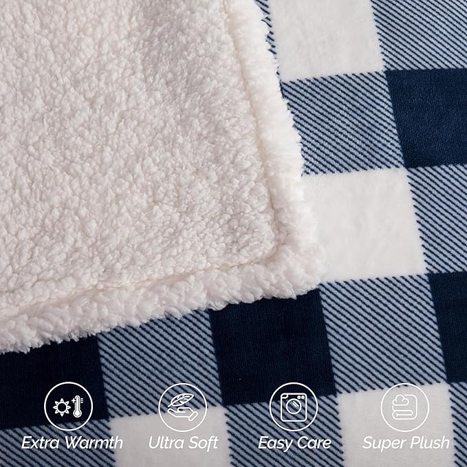 Elegant Comfort Ultra Soft Reversible Buffalo Plaid Flannel Sherpa Blanket - Cozy Silky Checkered Fleece Throw for Couch, Bed - Plush Fuzzy Warm Winter Blanket for Gift, Full, Navy