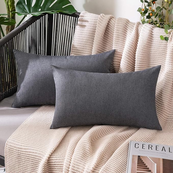 MIULEE Pack of 2 Decorative Outdoor Solid Waterproof Throw Pillow Covers Faux Linen Garden Farmhouse Cushion Cases for Patio Tent Balcony Couch Sofa 20x12 Inch Dark Grey