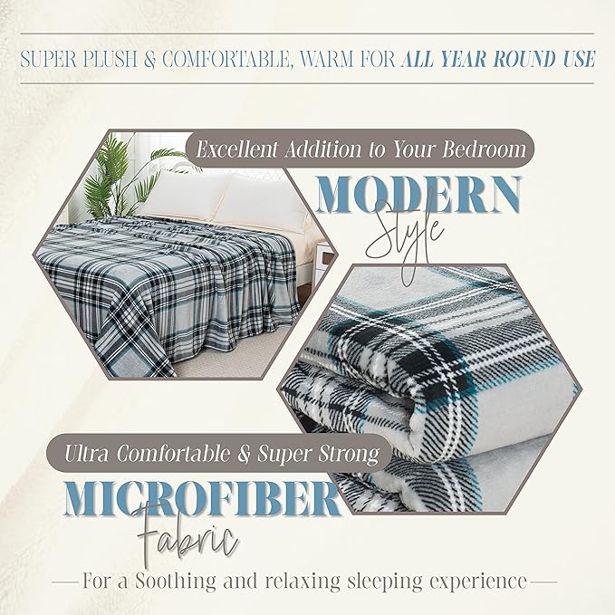 Elegant Comfort Luxury Velvety Feel Blanket, All-Season Lightweight Blanket, Ultra Plush, Soft, Cozy-Fuzzy Flannel Fleece for Couch, Sofa, Bed, Travel, Plaid Design, Full/Queen, Silver Gray
