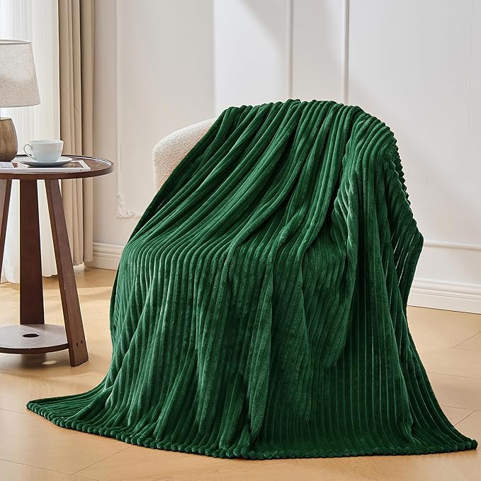 Bnuitland Fleece Throw Blanket, 300GSM Soft Warm Cozy Fluffy Throw for Babys & Pets, Stripe Pattern, All Season Sofa Bed Blanket for Home Decor, Dark Green 50"x40"