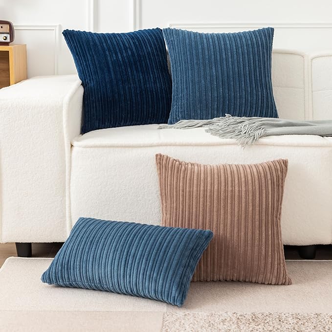UGASA 14x24 Inch Pillow Cover Pack of 1 Soft Boho Stripe Corduroy Long Rectangular Lumbar Cushion Cover Farmhouse Decorative Throw Pillowcase for Bed, Couch, Sofa, Bedroom, Living Room, Dusty Blue