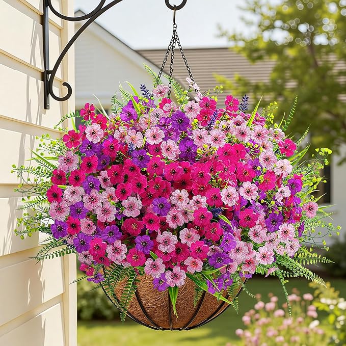 Alupssuc 48 Bundles Artificial Flowers for Outdoors Planters Spring Decoration, UV Resistant Faux Eucalyptus Violet and Lavender Silk Fake Plants for Outside Indoor Yard Home Patio Decor, Mix 3 Colors