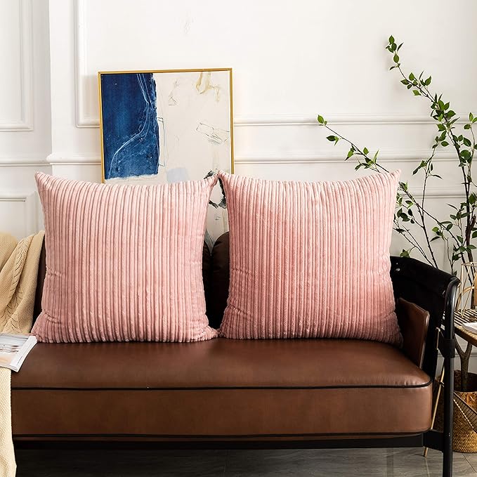 UGASA Corduroy Striped Soft Soild Decorative Square Throw Pillow Covers Set Cushion Cases Pillowcases for Sofa Bedroom, 1 Pc, 26x26 Inch, Baby Pink
