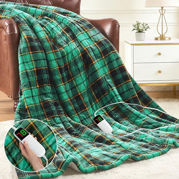 Green Heated Blanket Electric Twin Size 62X84, Christmas Heating Blanket, Plaid Sherpa Winter Blankets Warmer, 10 Heating Levels & 8-Hour Auto Off, Fast Heated House Warming Gifts New Home Decor