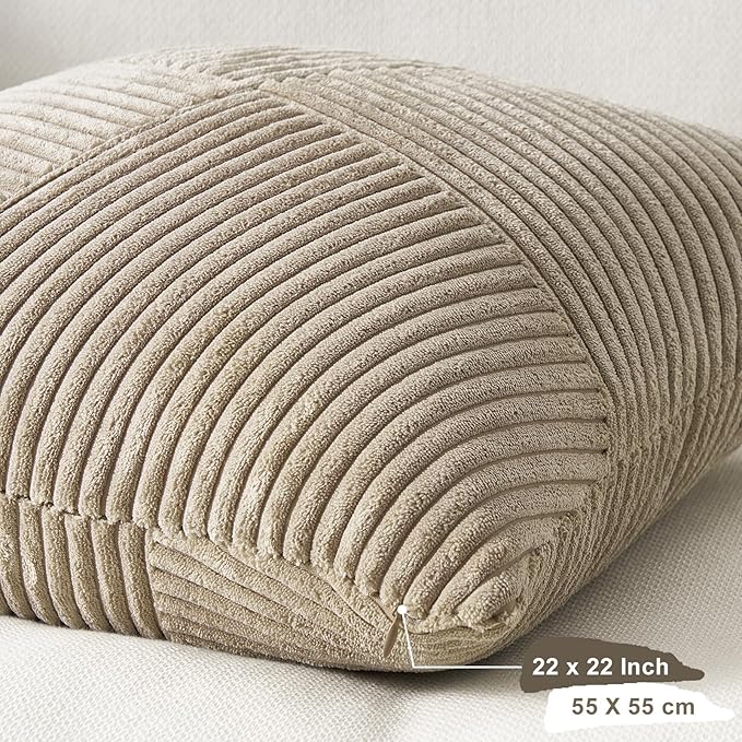Topfinel 22x22 inches Euro Pillow Shams Set of 2 Soft Corduroy Decorative Throw Pillow Covers for Bedroom Living Room Boho Textured Striped Patchwork Couch Pillow Covers 55x55 cm Lightbrown