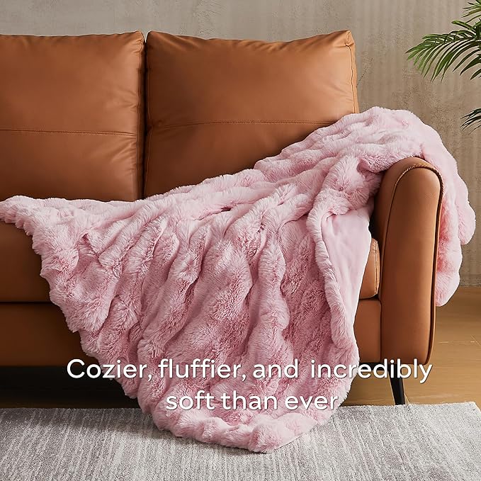 JELLYMONI Faux Fur Throw Blanket, Pink Throw Blanket for Couch, Fuzzy Cozy Plush Bubble Bed Blanket, Thick and Warm Blanket, Throw (50" X 60")