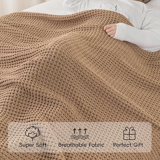 Bunnikins & Clover Beige Throw Blanket for Couch, Knitted Beige Throw for Bed, Neutral Throw Blankets Tan Blanket for Room Decor Housewarming Gifts, 60"x80"