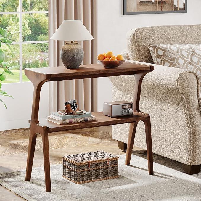 Tribesigns Solid Wood End Table, Rustic Side Table for Couch, 2-Tie Farmhouse Tall End Table, Narrow Bedside Table for Bedroom, Living Room, Easy Assembly, Rustic Brown