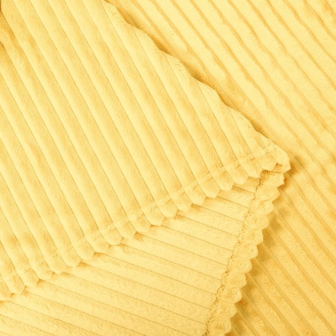Vessia Flannel Fleece Queen Blanket for Queen Bed, 300GSM Striped 90x90 inch Light Yellow Blanket for Adults and Kids, Super Soft Warm Cozy Lightweight Ribbed Pale Yellow Decor for All-Season