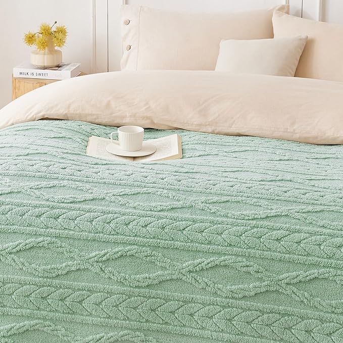 COOVA Sage Green Fleece Queen Blanket for Bed - Super Soft Cozy Plush Fuzzy Blanket for Sofa,Premium Sherpa Warm Large Throw for Women,Couch,Chair,90x90 Inches