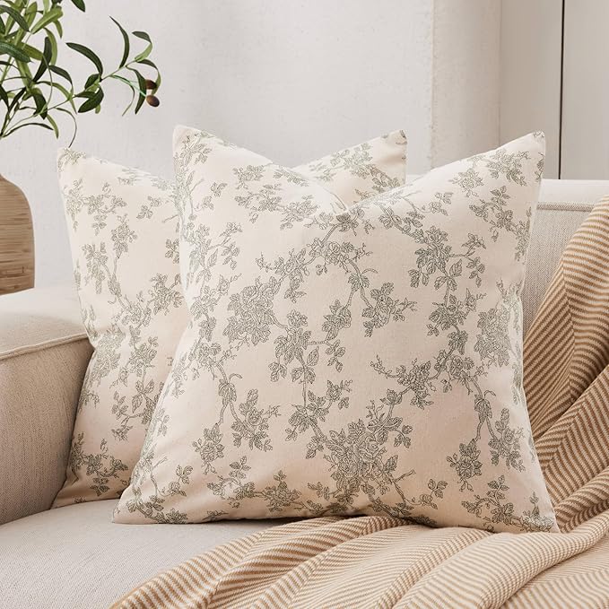 100% Cotton French Pastoral Throw Pillow Covers Set of 2, 18x18 Inch Green Farmhouse Decorative Cushion Covers for Sofa Bed Living Room Home Decor