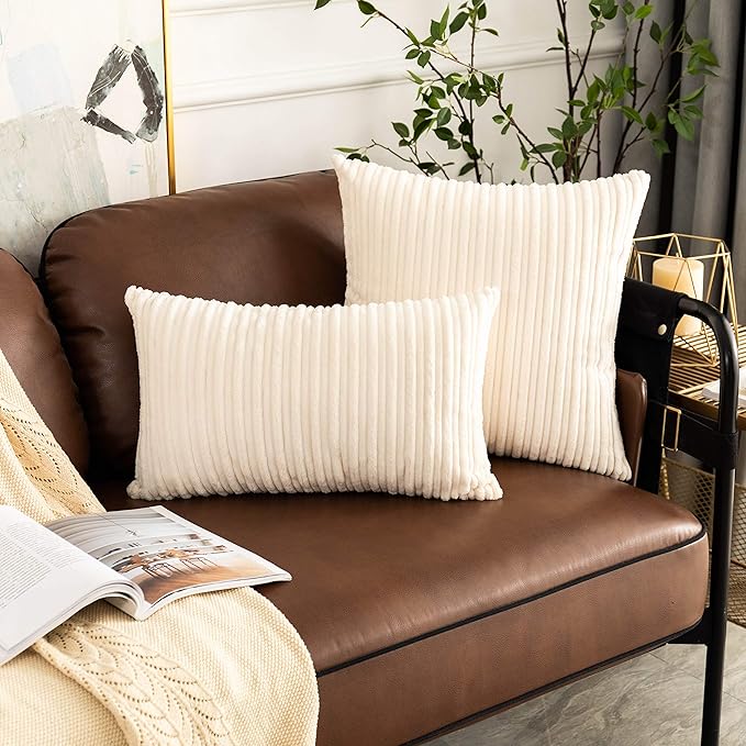UGASA 14x20 Inch Pillow Cover Pack of 1 Soft Boho Stripe Corduroy Long Rectangular Lumbar Cushion Cover Farmhouse Decorative Throw Pillowcase for Bed, Couch, Sofa, Bedroom, Living Room, Cream