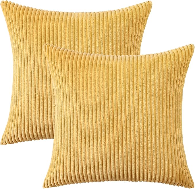 Mecatny Corduroy Decorative Throw Pillow Covers 16x16 Set of 2 for Sofa Living Room, Soft Neutral Boho Couch Pillow Covers for Home Decor, Mustard Yellow