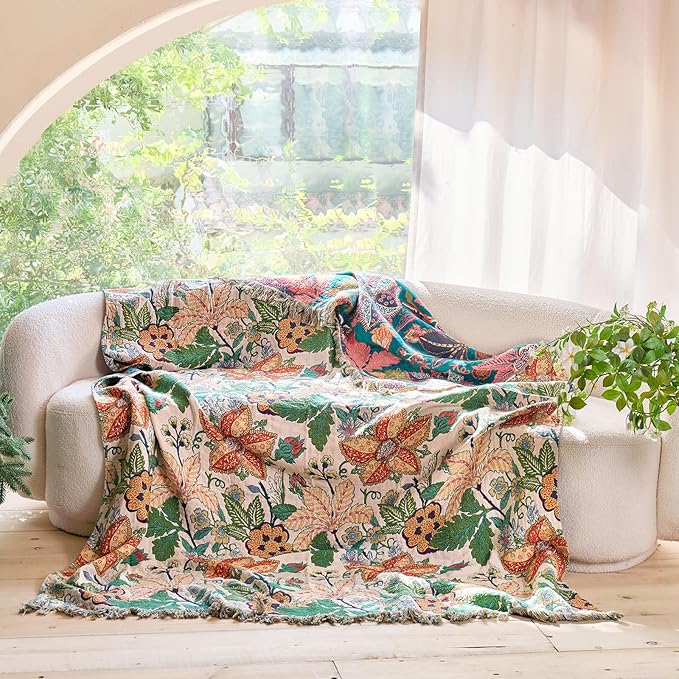 Boho Throw Blanket - 50"x60" 100% Cotton Soft Breathable Lightweight Bed Blanket, Reversible Muslin Spring Blankets Green Floral Farmhouse Decor Rustic Quilt for Bed Couch