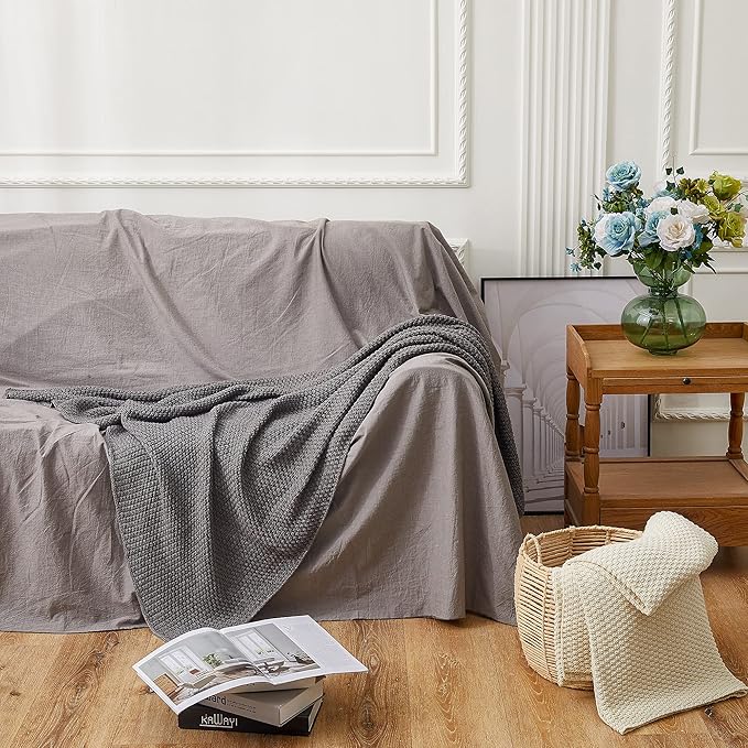 Longhui bedding Grey Knitted Throw Blanket for Couch, Soft, Cozy Machine Washable 100% Cotton Sofa Knit Blankets, Heavy 3.0lb Weight, 51 x 63 Inches, Gray and White Color,Laundry Bag Included