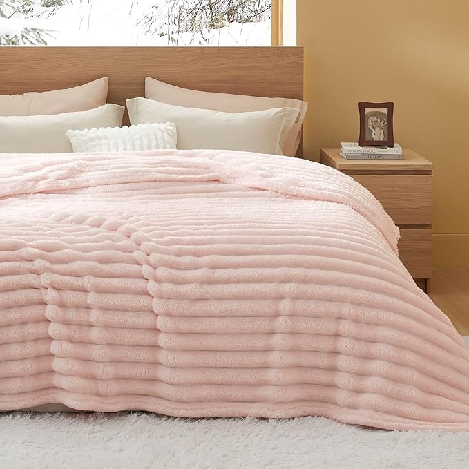 Bedsure Blankets Queen Size for Bed - 350GSM Super GentleSoft Fuzzy Fluffy Cozy Blankets for Women, Cute Large Plush Fleece Throws for Girls, Pink，90x90 Inches, Wider Striped Design