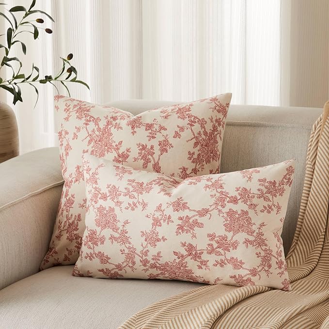 100% Cotton French Pastoral Throw Pillow Covers Set of 2, 20x20 Inch Red Farmhouse Decorative Cushion Covers for Sofa Bed Living Room Home Decor