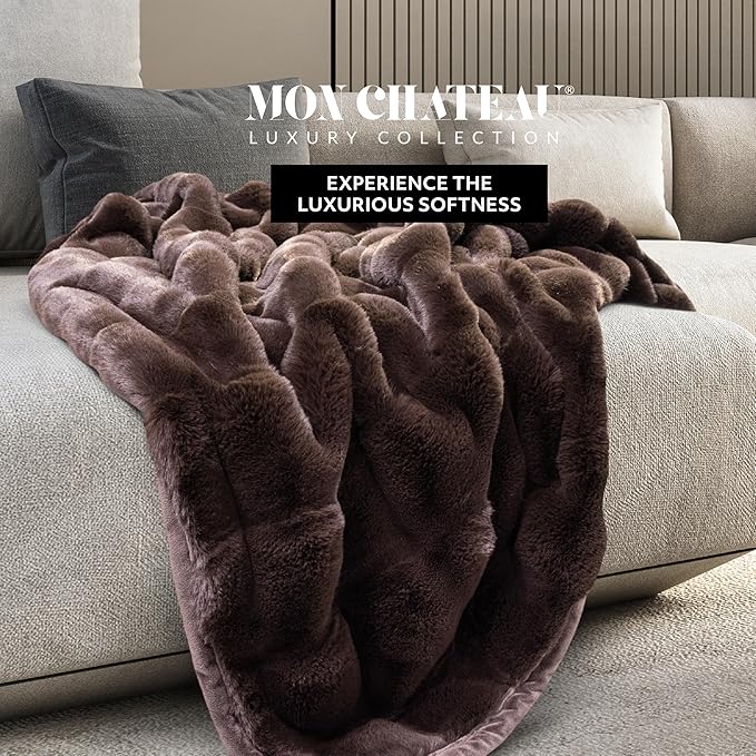 Mon Chateau 60" x 70" Hearthside Faux Fur Throw Blanket, Reversible Soft Blanket for Queen-Size Bed, Couch, or Sofa, Cozy Home Decor and Stylish Living Room Comfort, Winter Cream (Chestnut Square)