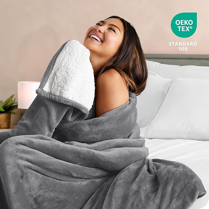Bare Home Sherpa Fleece Blanket - Full/Queen Size - Blanket for Bed, Sofa, and Couch - Warm & Lightweight - Fluffy & Soft - Reversible (Full/Queen, Grey)