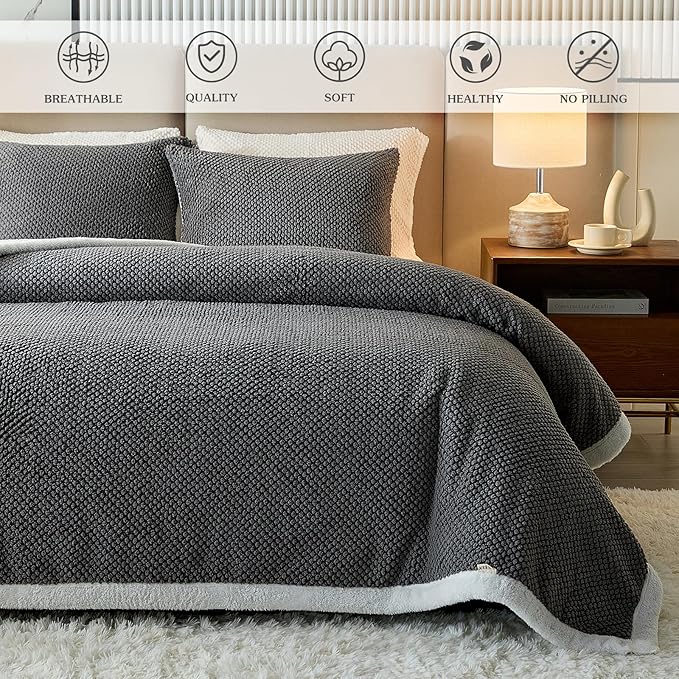 Luxury Flannel Fleece Sherpa Blankets Queen Size for Bed, Jacquard Boho 3-Layer Thick and Warm Blanket for Winter, Soft Cozy Fuzzy Plush Velvet Blanket with 2 Pillow Cases, Grey, 88x88 Inches